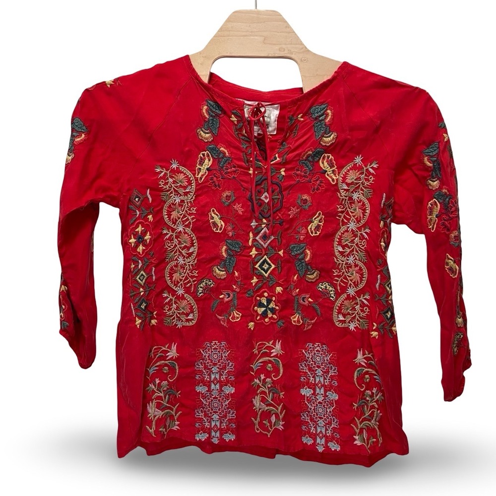 Biya Johnny Was Red Embroidered Floral Tunic Blouse B11523-6 XS